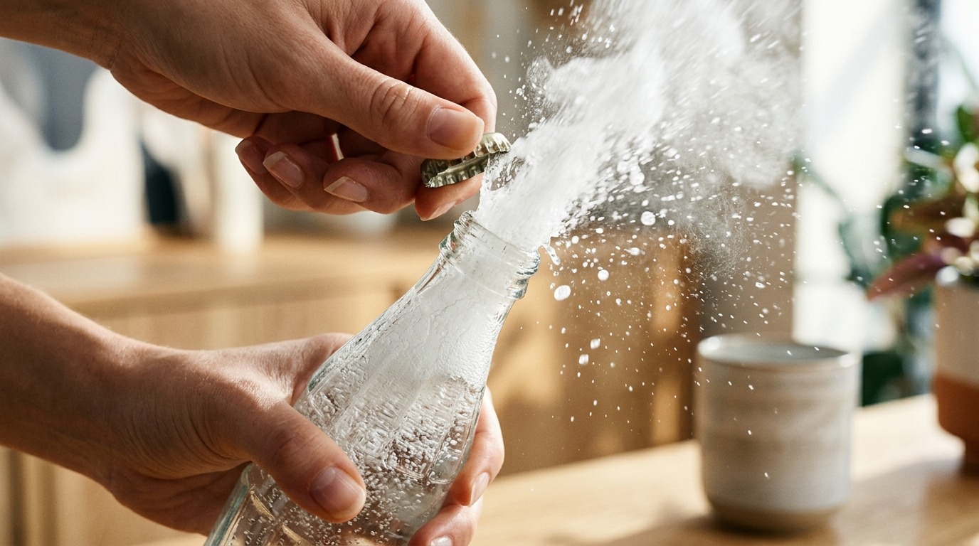 Газировка — простая модель вулканического извержения: давление копится, пока не находит выход. Фото.