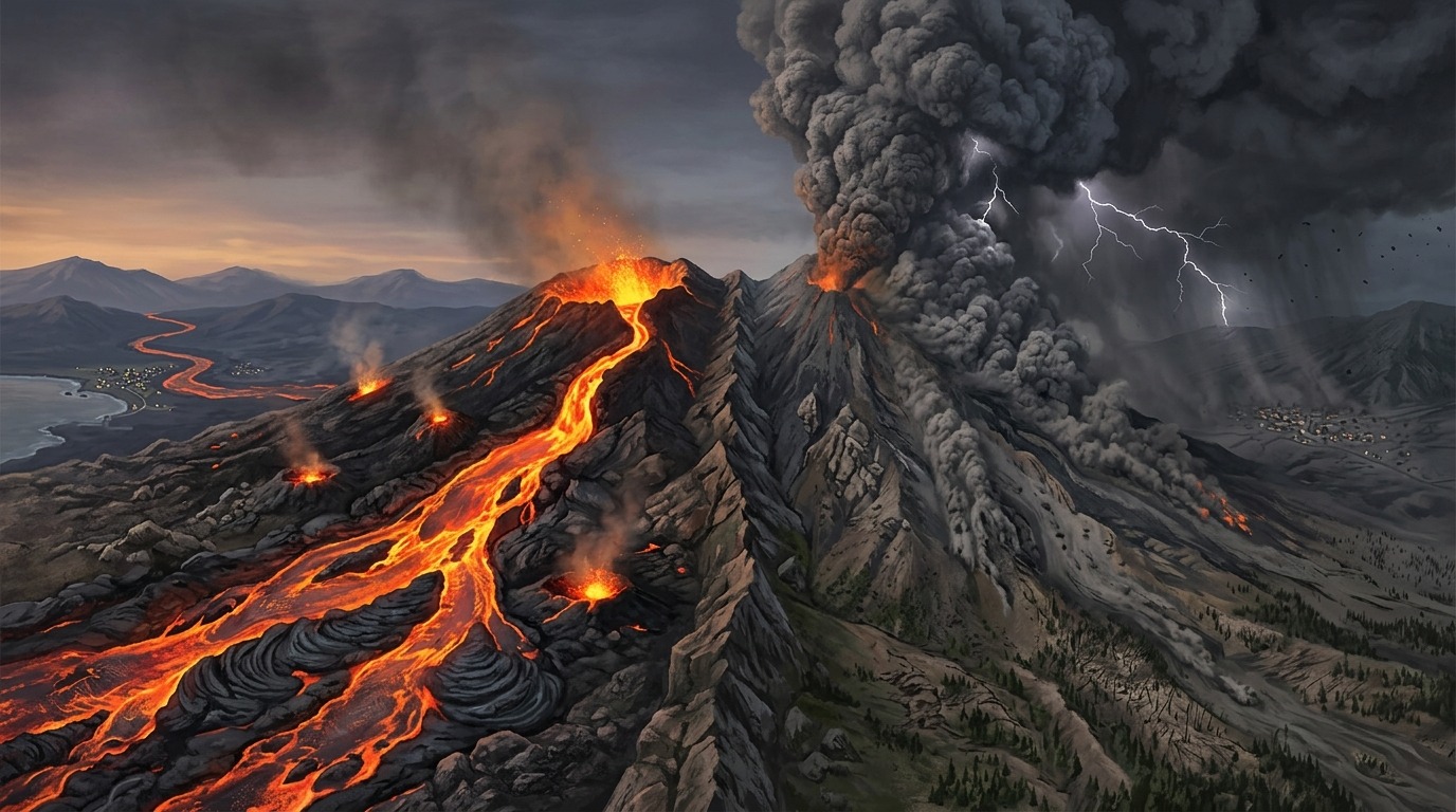 Два типа извержений: спокойное излияние лавы и мощный взрыв с облаком пепла. Фото.