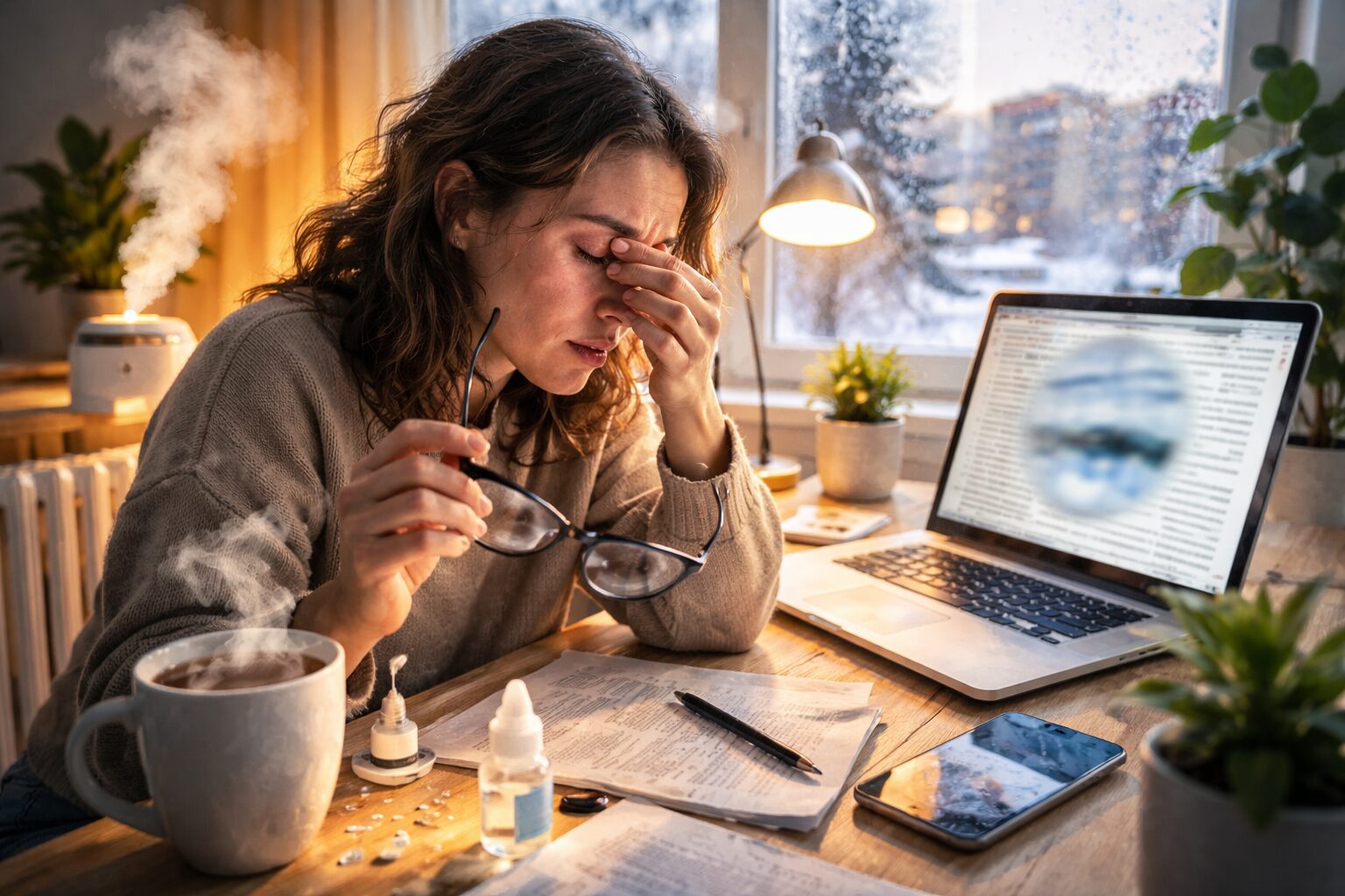 Почему после зимы устают глаза и появляется сухость. После зимы глаза могут чаще сохнуть, уставать и давать временное «замыливание». Фото.