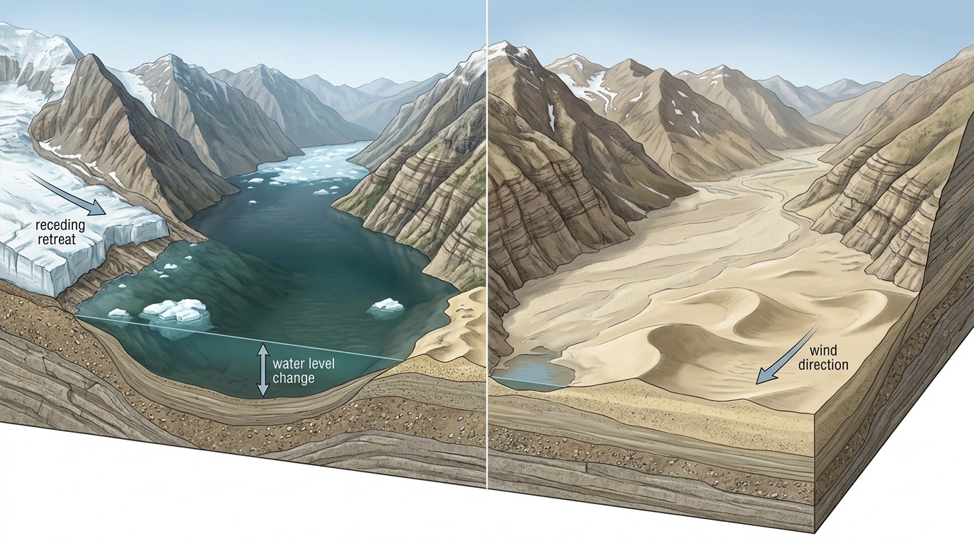Схема формирования дюн: ледниковое озеро отступает, обнажая песчаные отложения. Фото.