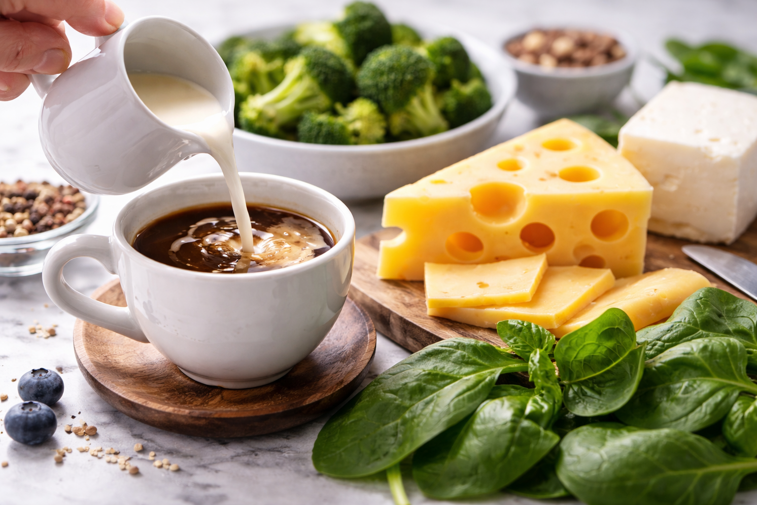 Кофе + продукты с кальцием. Продукты с мочегонными свойствами (кофе, чай и алкоголь), как правило, снижают уровень доступного магния в крови. Фото.