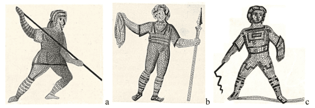 Плоские груди других фигур на мозаике (очевидно, что это мужчины). (а) Лорикэ, 1862: пластина IX, № 13. (б) Лорикэ, 1862: пластина XII, № 21. (в) Лорикэ, 1862: пластина XVI, № 33. Источник изображения: tandfonline.com. Фото.