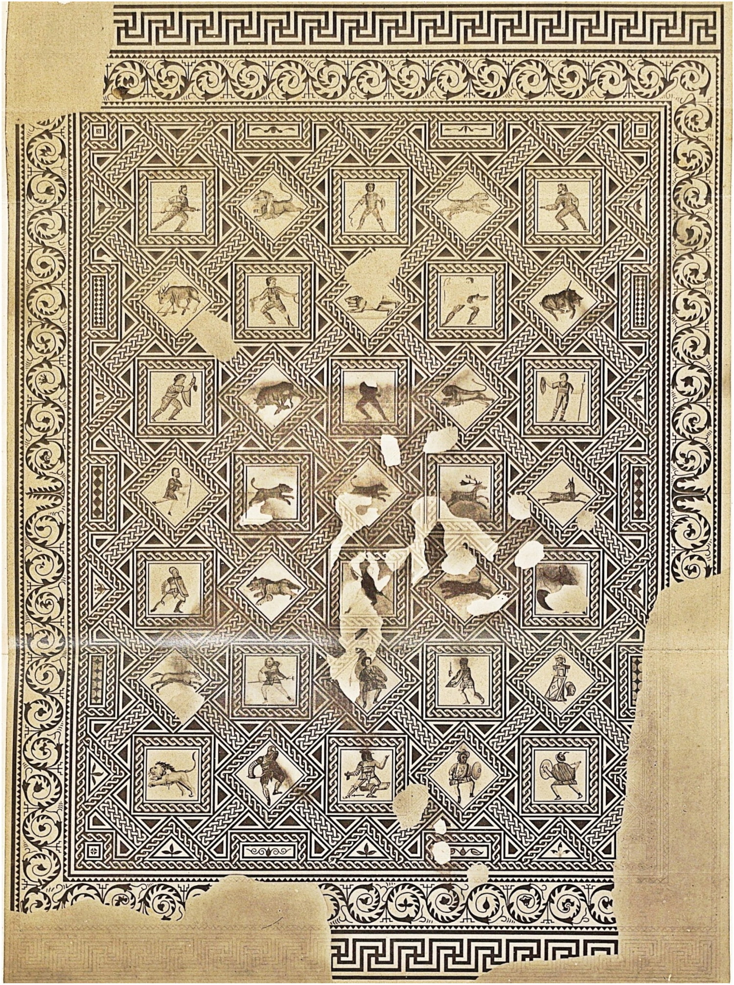 Полное изображение утраченной мозаики III века. Найдена в Реймсе в 1860 году, уничтожена в 1917 году во время Первой мировой войны. Рисунок из книги Лорике 1862 года. Источник изображения: tandfonline.com. Фото.