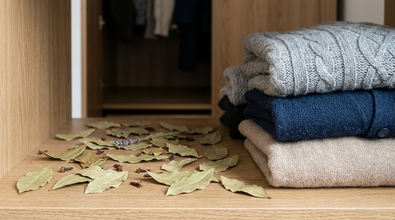 Лавровые листья на полке шкафа рядом с шерстяными вещами. Фото.
