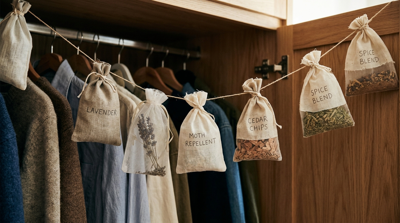 Саше с травами в шкафу — простой способ защитить одежду. Фото.