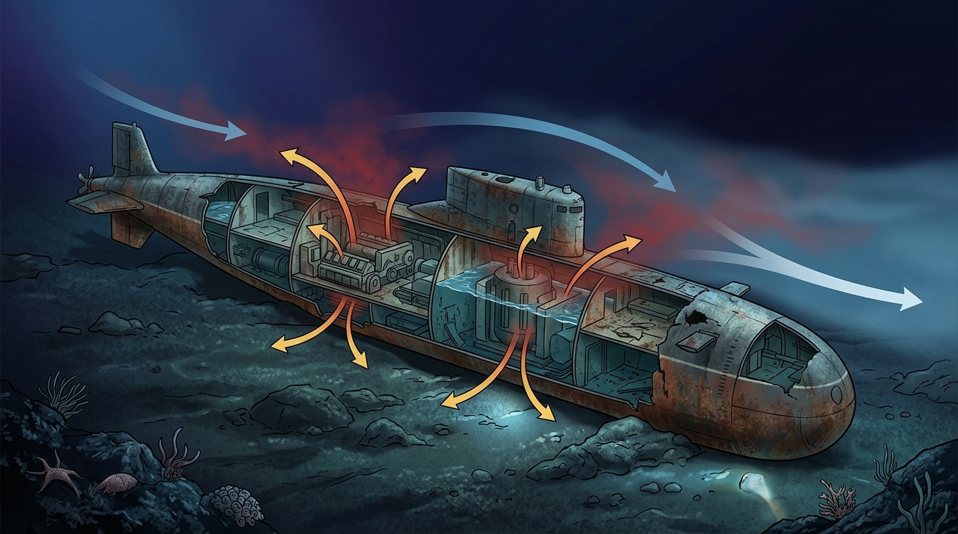 Схематичное изображение утечки радиоактивных веществ из затонувшей подлодки