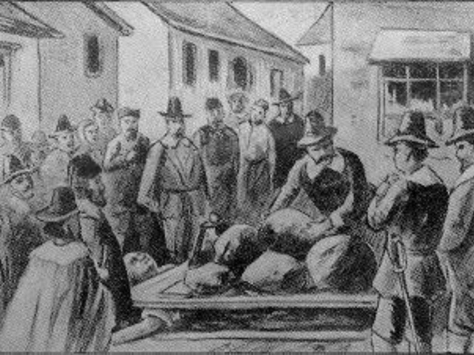 Казнь Джайлза Кори в Салеме. Фото.