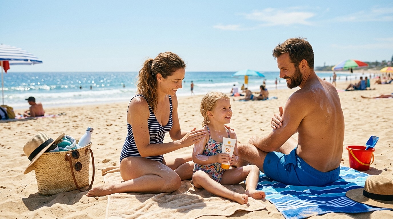 Семья наносит солнцезащитный крем на пляже. Фото.