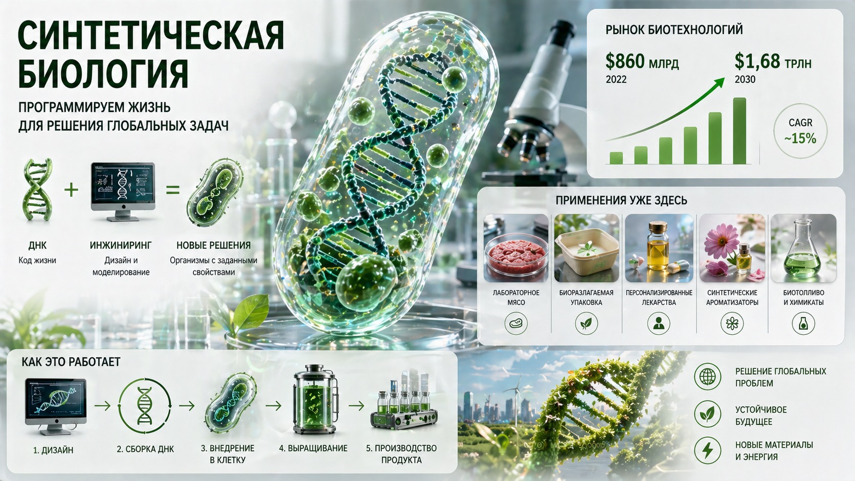 Синтетическая биология тоже направлена на решение огромного количества проблем. Фото.