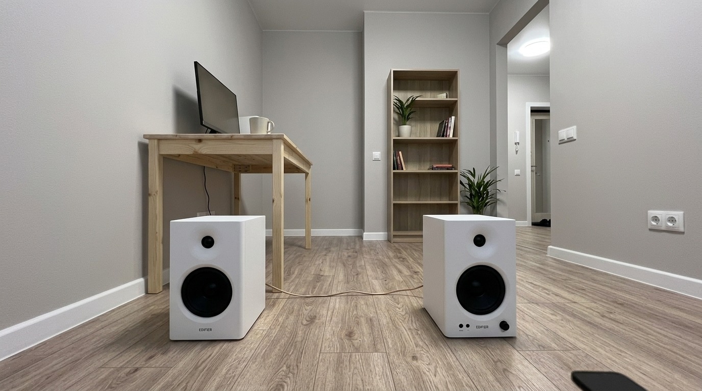 Стоят на столе по бокам от монитора — звук как из другой ценовой категории. Фото.