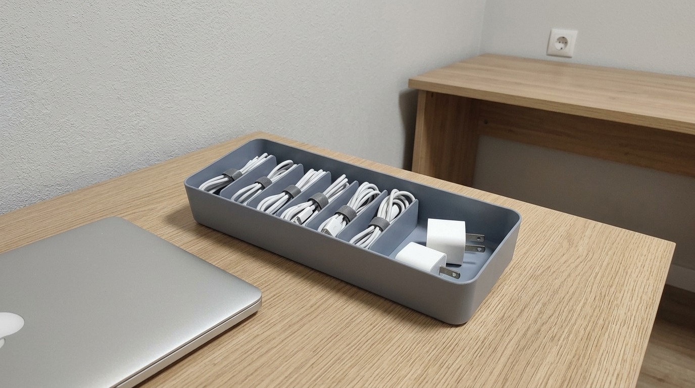 Стоит у меня на столе с марта — ни разу не пришлось распутывать клубок проводов. Фото.