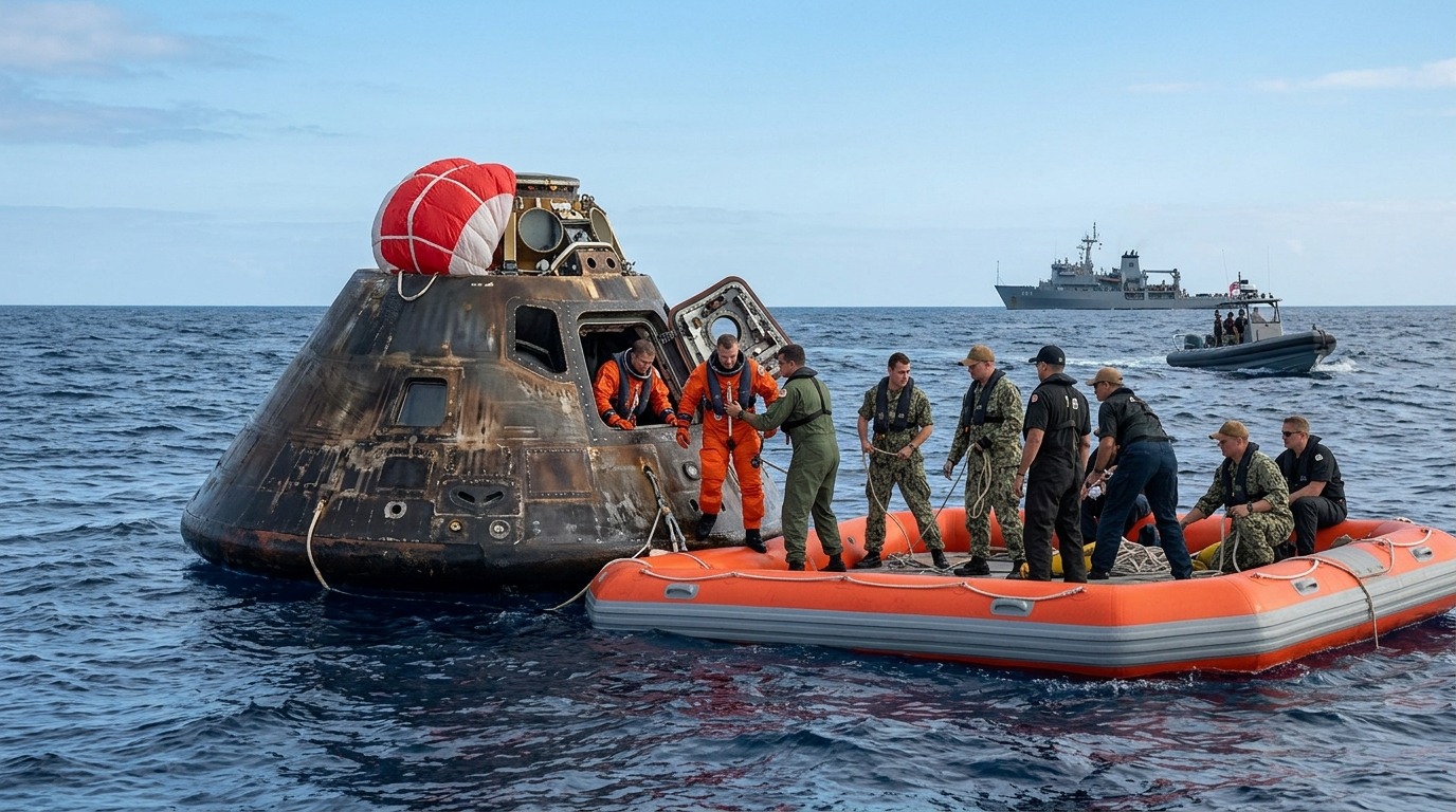Navy crew helps astronauts transfer to an inflatable platform after splashdown