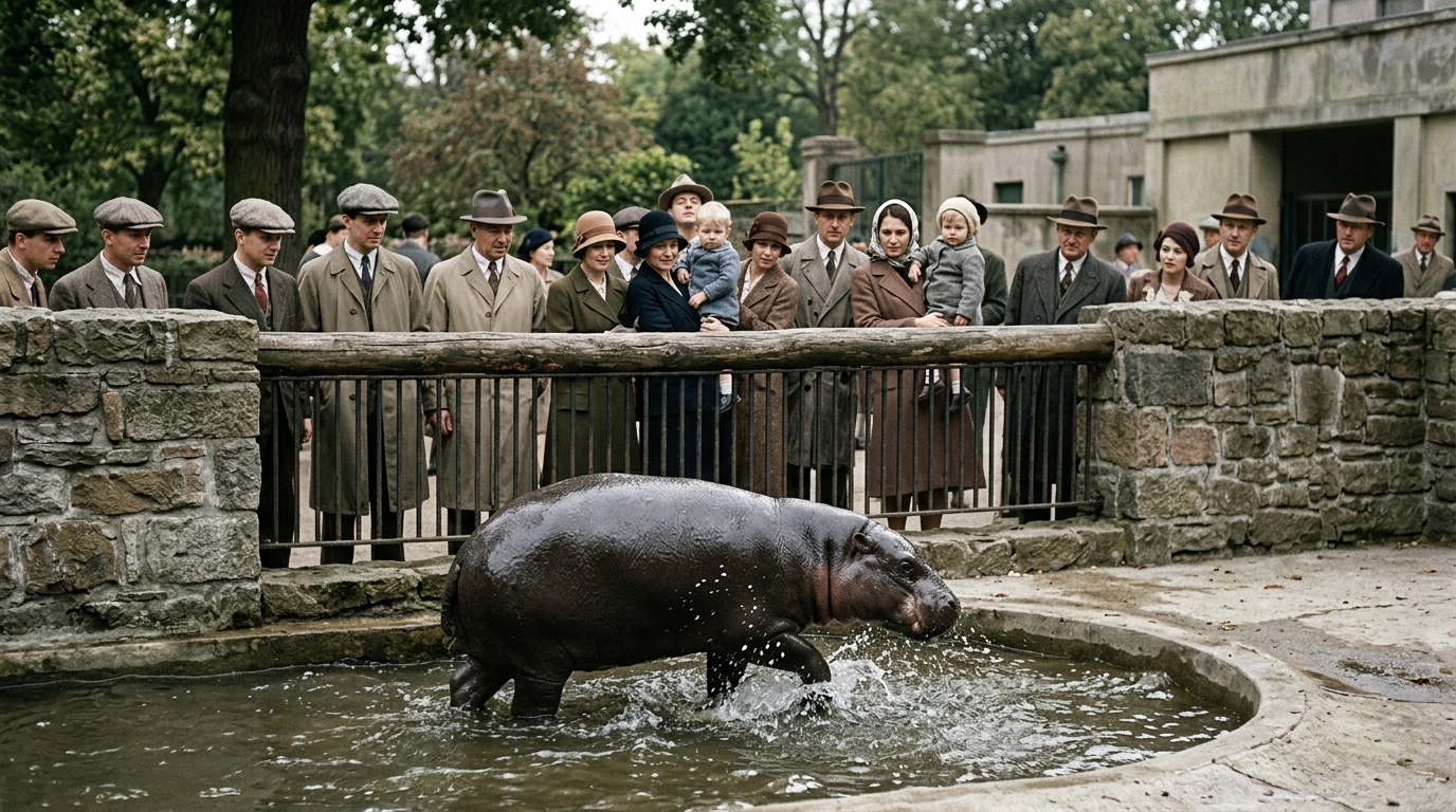 Карликовый бегемот в зоопарке, публика всегда собиралась у его вольера. Фото.