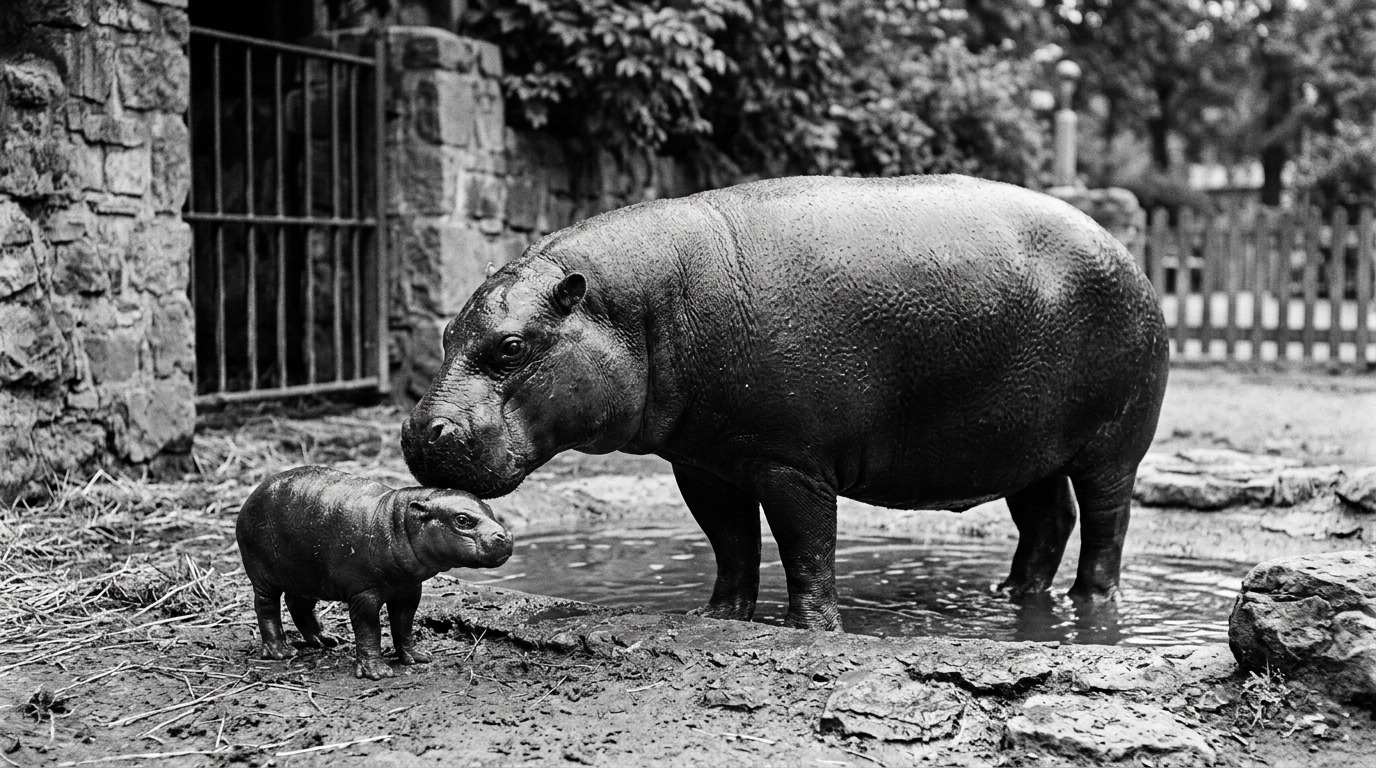 Новорожденный карликовый бегемот рядом с матерью в зоопарке. Фото.