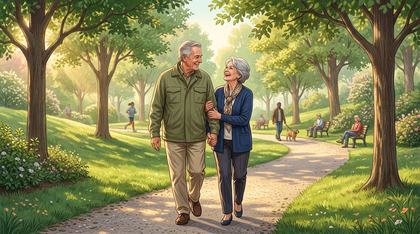 Пожилая пара на прогулке — социальные связи важны для здоровья в любом возрасте. Фото.