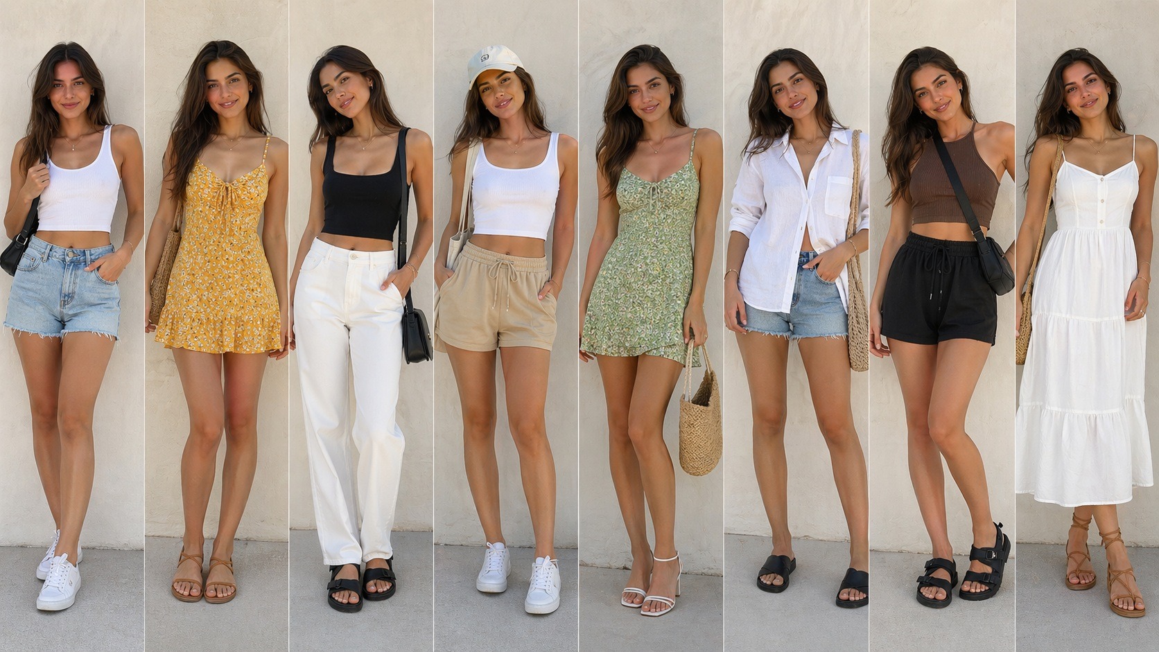 Восемь разных летних нарядов для одной девушки. Фото.