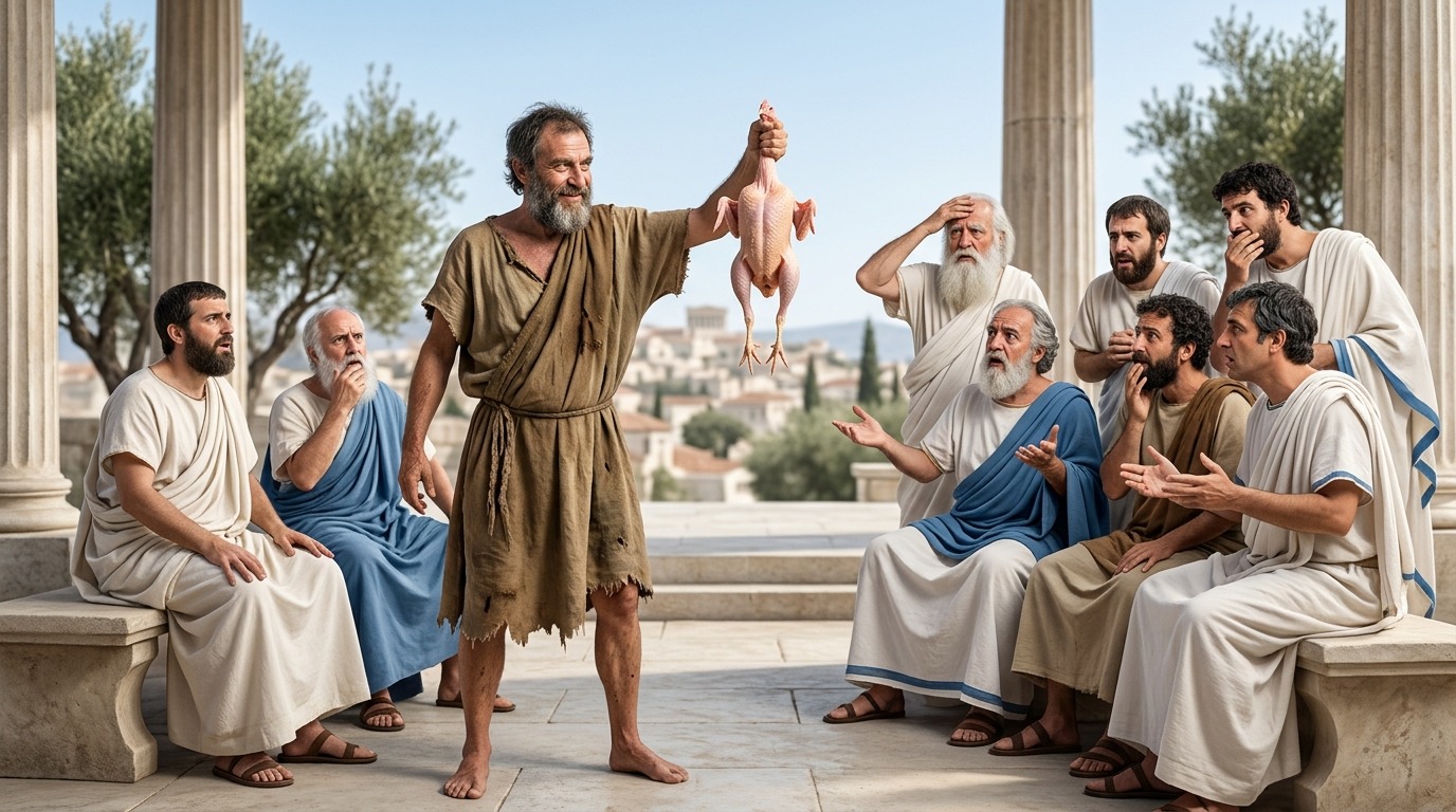 data-eio=p></picture>Диоген с ощипанной курицей в Академии Платона — один из самых известных философских споров. Фото.