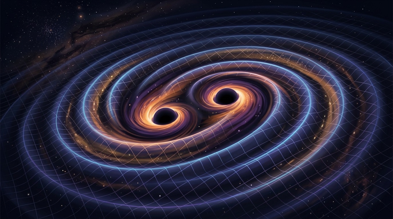 Схема сближения двух черных дыр и генерации гравитационных волн. Фото.