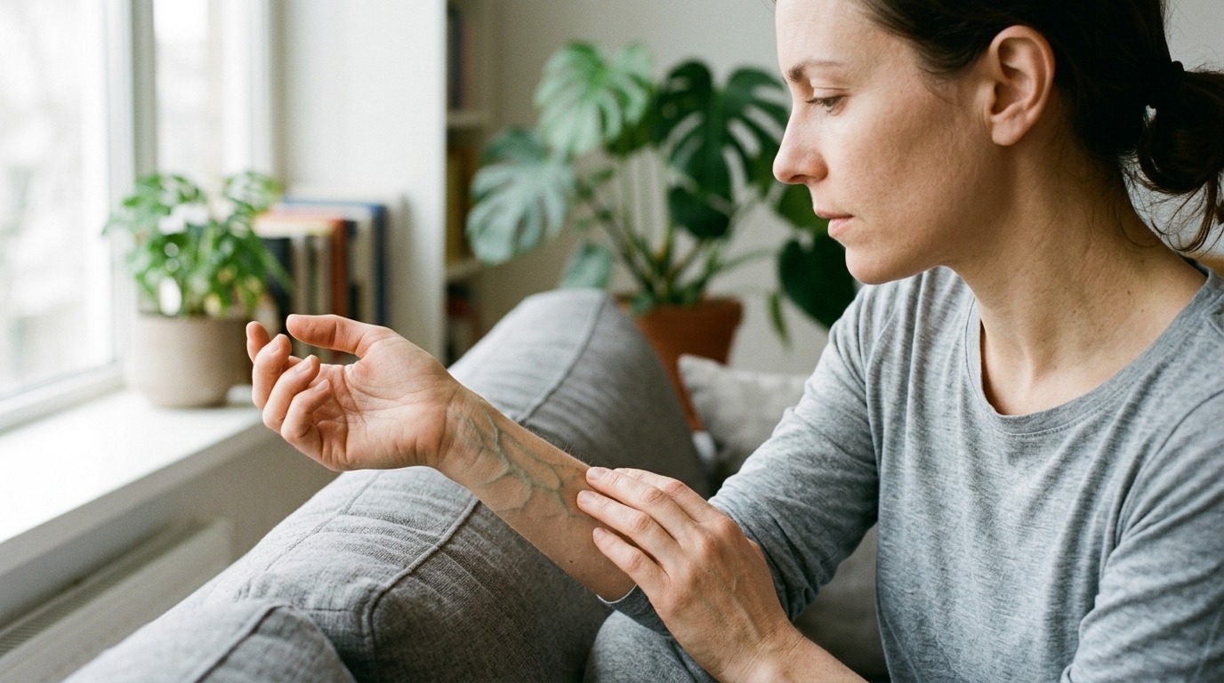 Вены на запястье выглядят сине-зелёными из-за особенностей прохождения света через кожу. Фото.