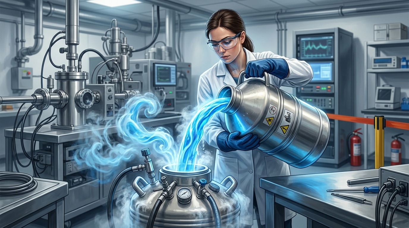 Жидкий гелий в криогенном контейнере — ключевой хладагент для высоких технологий