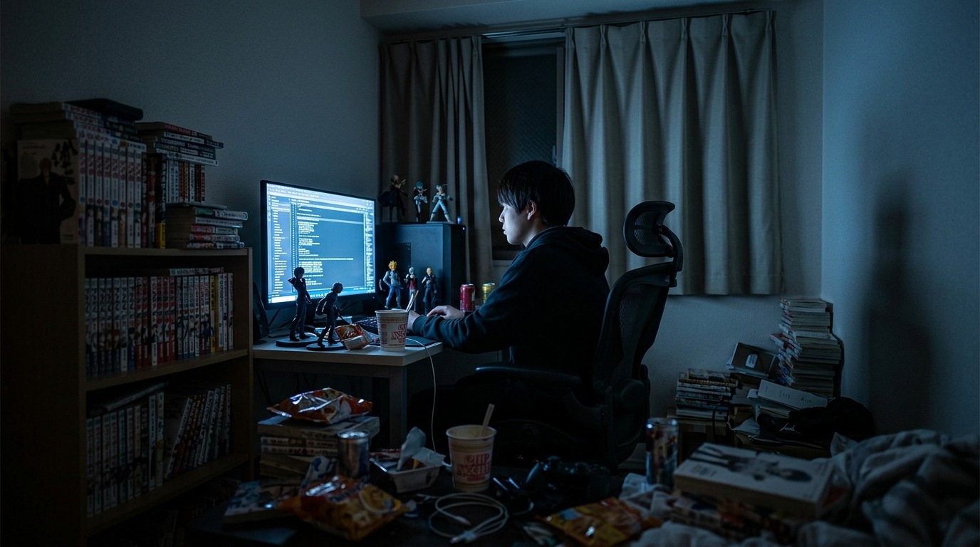 Типичная комната хикикомори: задёрнутые шторы, свет экрана и полная изоляция от внешнего мира