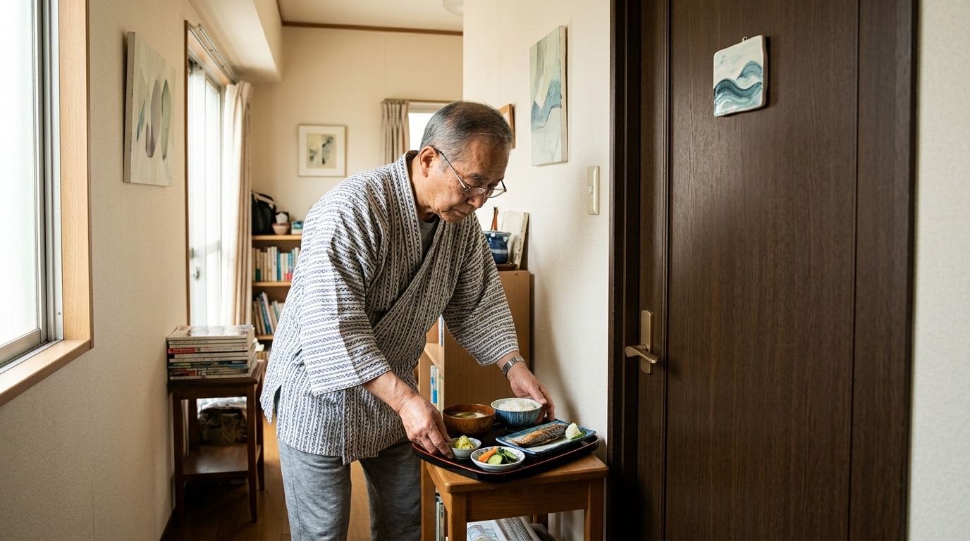 Пожилой родитель оставляет еду у закрытой двери — повседневная реальность семей с хикикомори. Фото.
