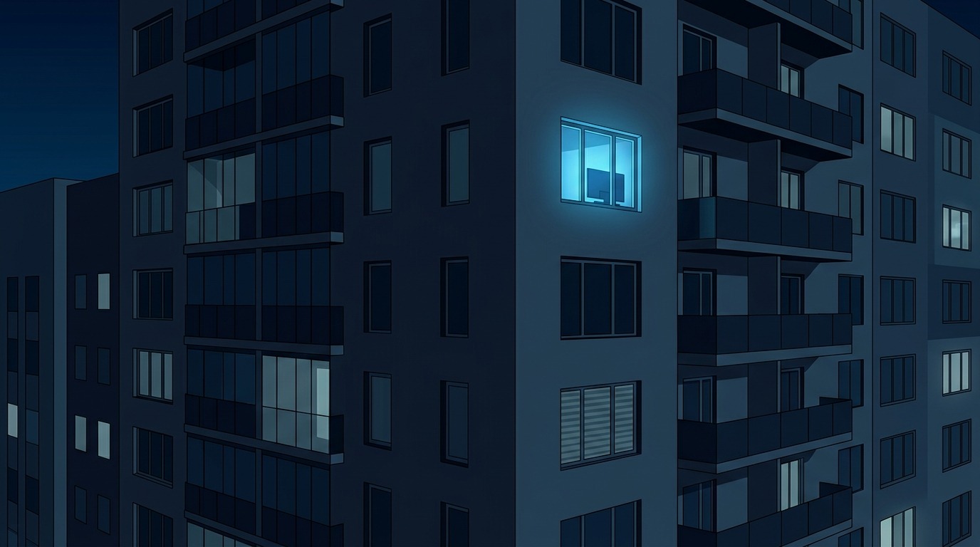 Одинокое свечение экрана в ночном мегаполисе — картина, знакомая далеко не только Японии. Фото.