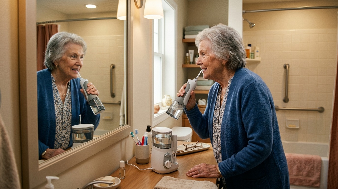 Ирригатор особенно удобен для пожилых людей и тех, кому трудно пользоваться зубной нитью. Фото.