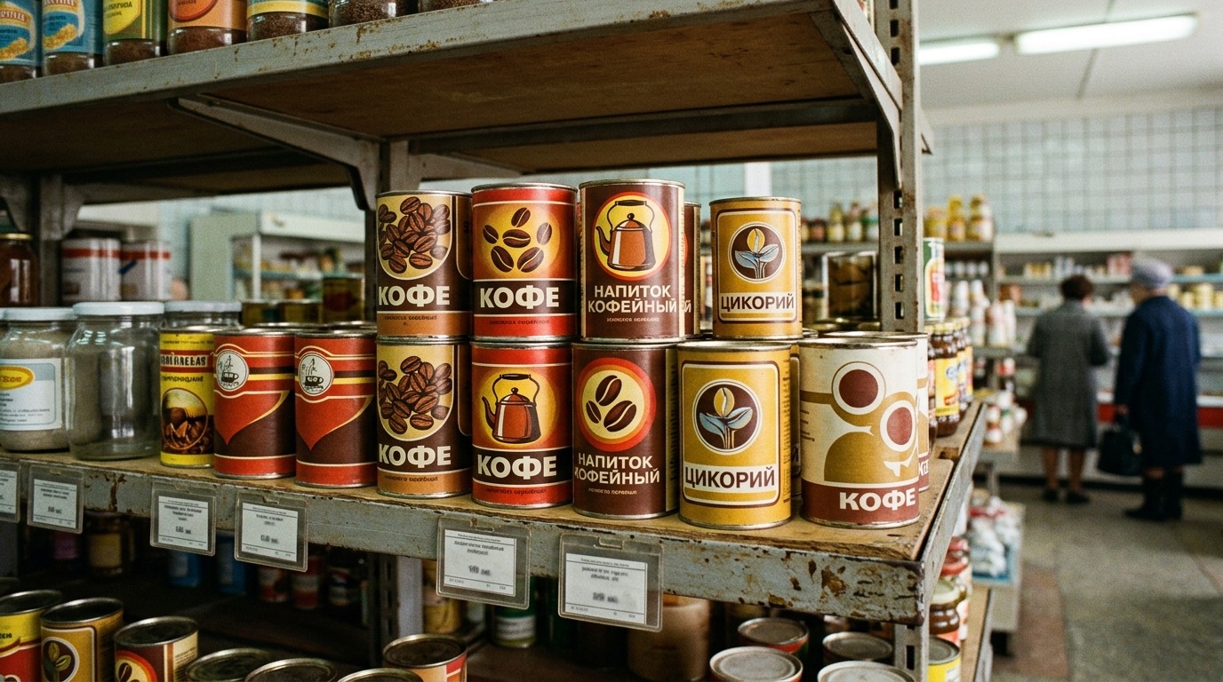 Полка советского гастронома с кофейными напитками