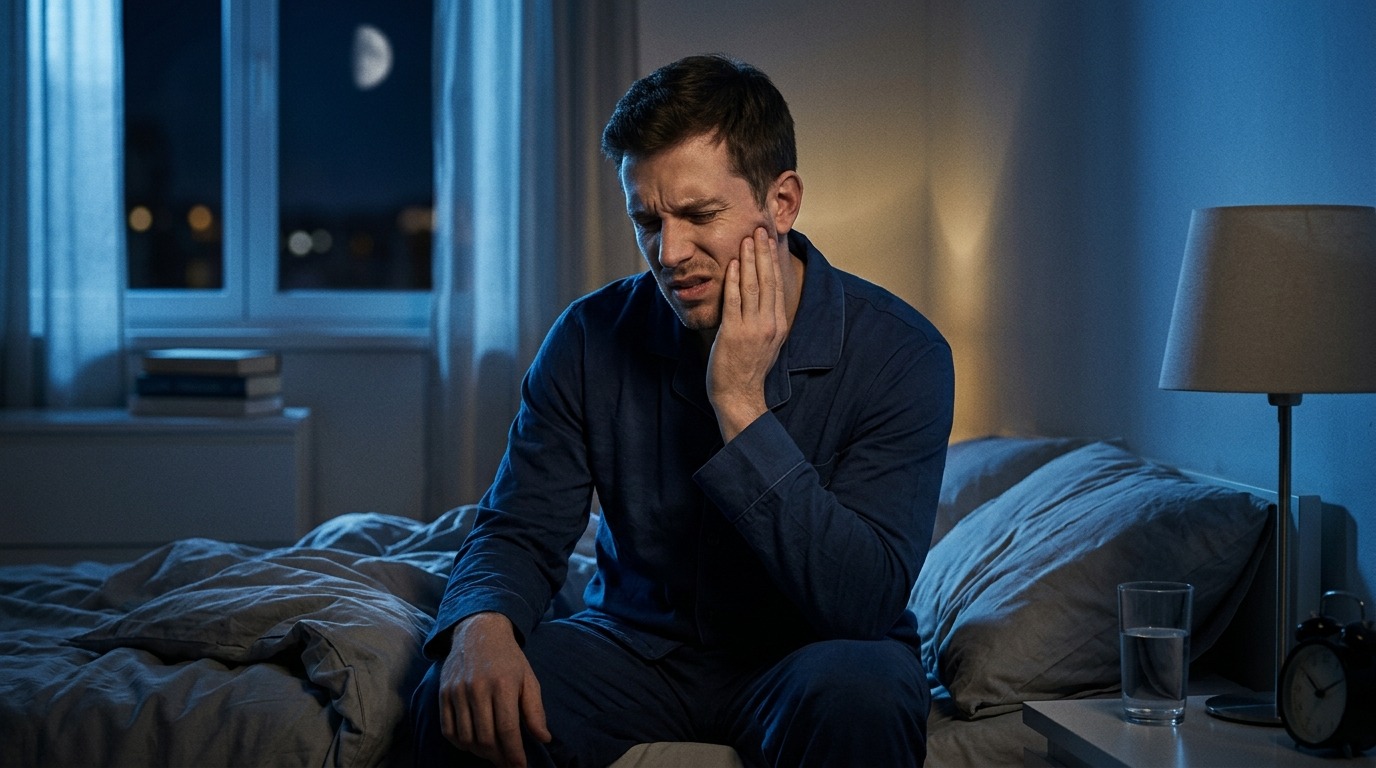 Ночью зубная боль ощущается сильнее из-за притока крови к голове в положении лежа. Фото.