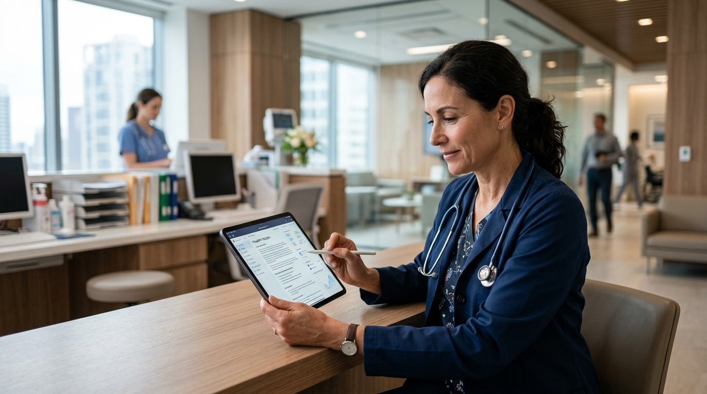 Врач просматривает сводку о пациенте, подготовленную ИИ-системой