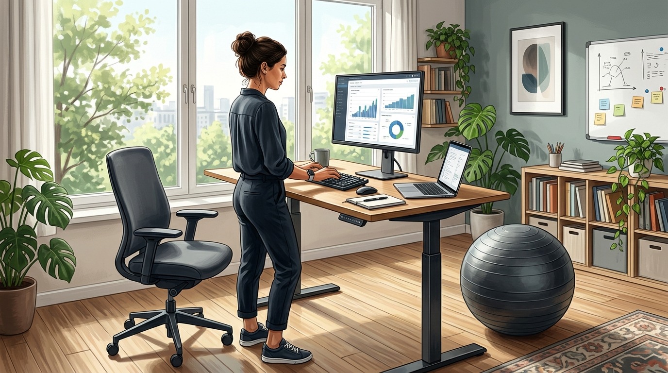 Стол для работы стоя и фитбол — два простых инструмента для здоровья спины. Фото.