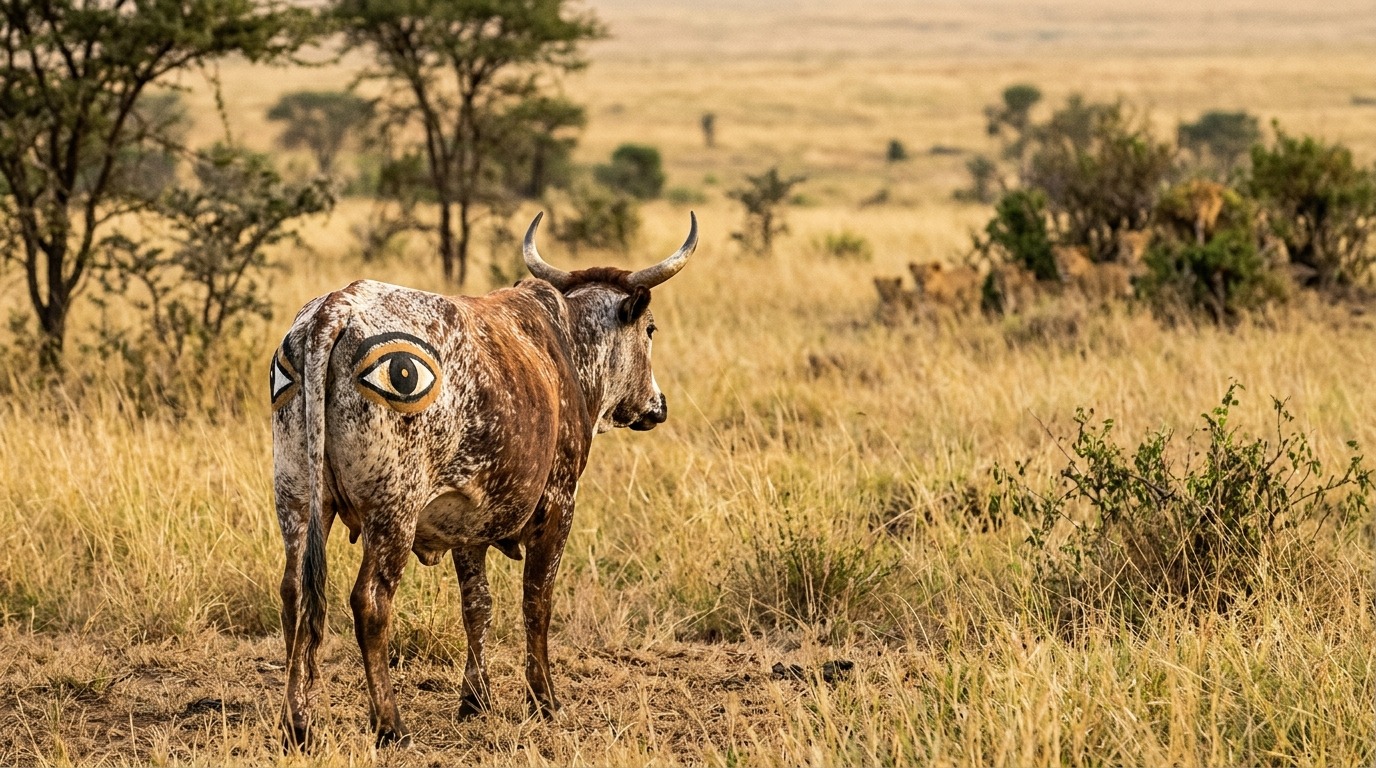 Корова с нарисованными глазами на крупе в африканской саванне
