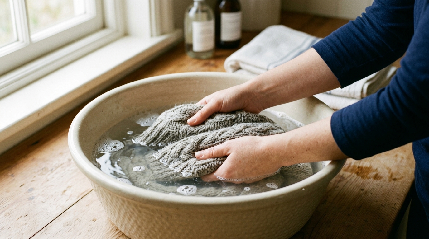 Ручная стирка в прохладной воде — самый безопасный способ для шерстяных вещей. Фото.