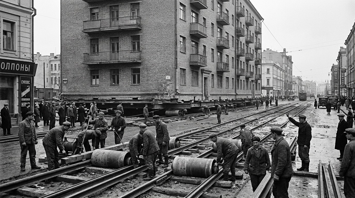 Подготовка к передвижке здания в Москве, 1930-е годы. Фото.