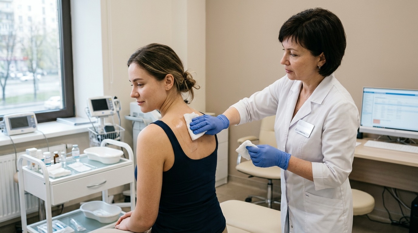 Провокационный тест: на кожу прикладывают влажную ткань и наблюдают за реакцией. Фото.