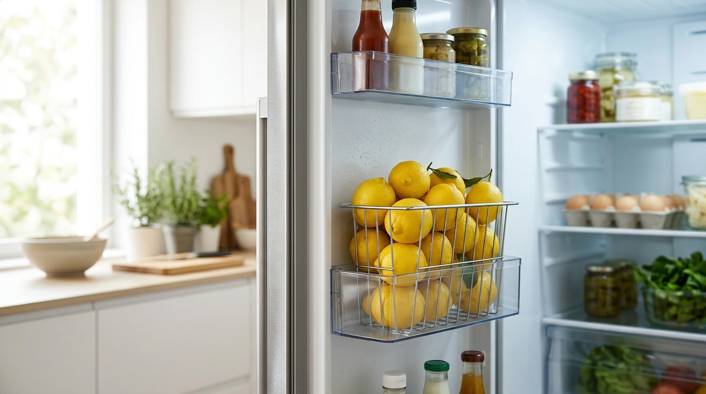 Дверца холодильника — подходящее место для хранения лимонов. Фото.