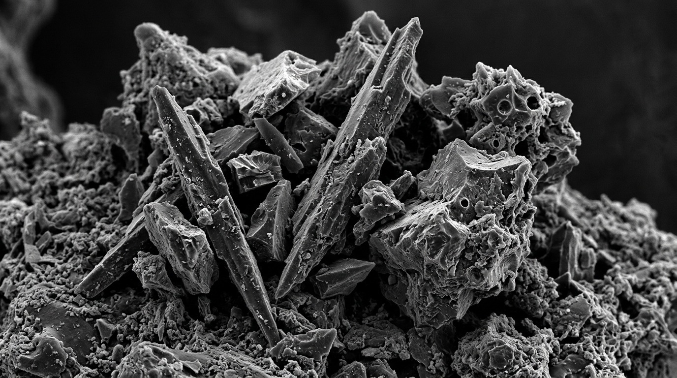 Частицы лунной пыли под электронным микроскопом — острые и абразивные. Фото.