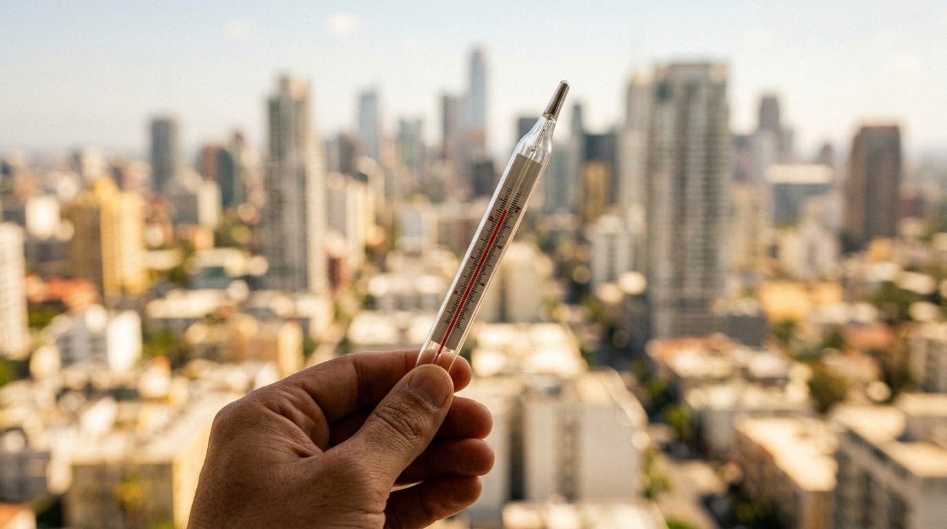 Термометр показывает экстремально высокую температуру в городе. Фото.