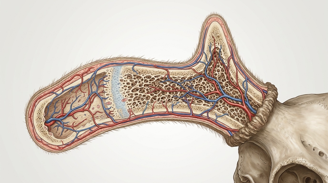 Схематичное изображение структуры растущего рога: кость, хрящ и сеть кровеносных сосудов. Фото.