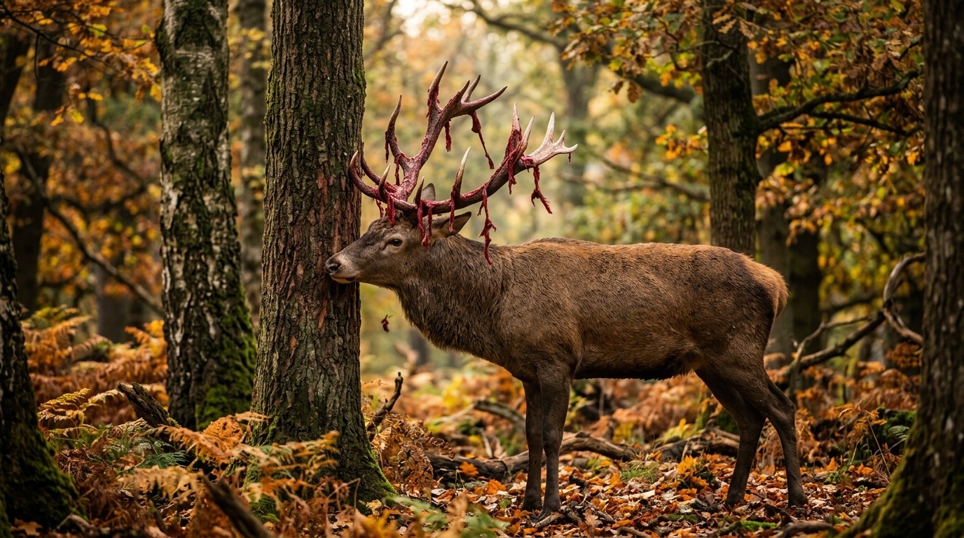 Олень сбрасывает вельвет с рогов — процесс выглядит впечатляюще, но безболезнен для животного. Фото.