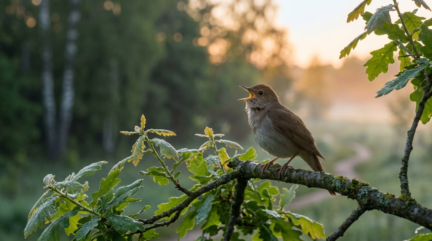 A whole orchestra of different birds sings in the morning in Russia. Photo.