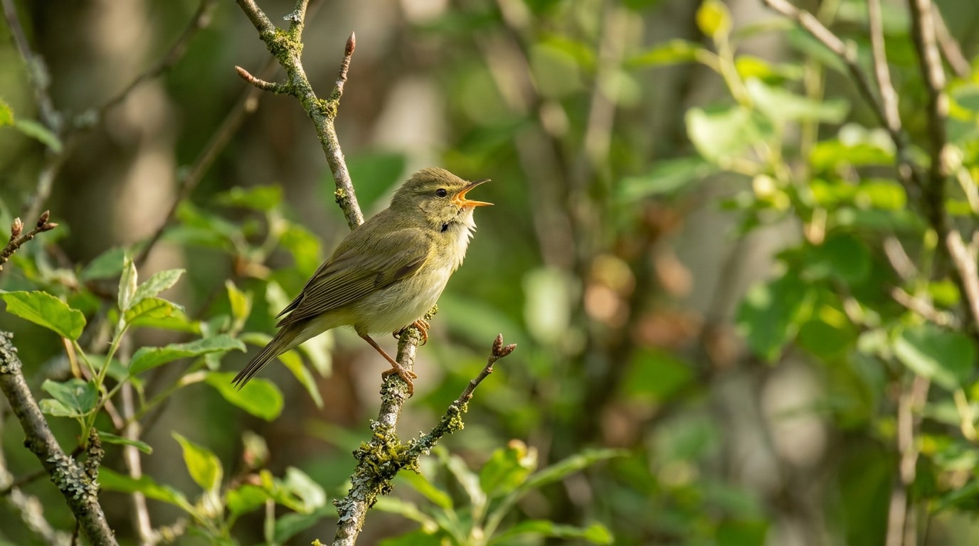 A warbler singing on a branch in a deciduous forest. Photo.