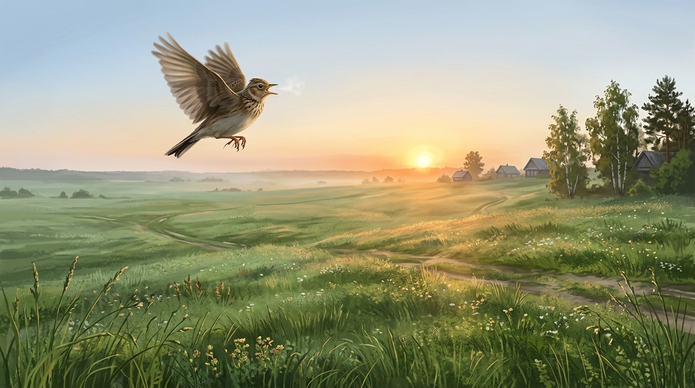 A skylark singing in flight above a morning meadow. Photo.