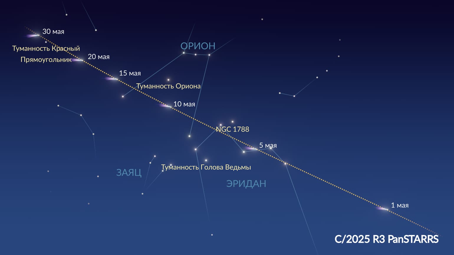 Путь кометы PanSTARRS по созвездиям в мае 2026 года. Источник изображения: starwalk.space. Фото.
