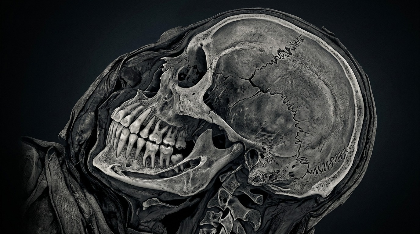 Детальный КТ-снимок мумифицированной головы с видимыми зубами и черепными швами. Фото.