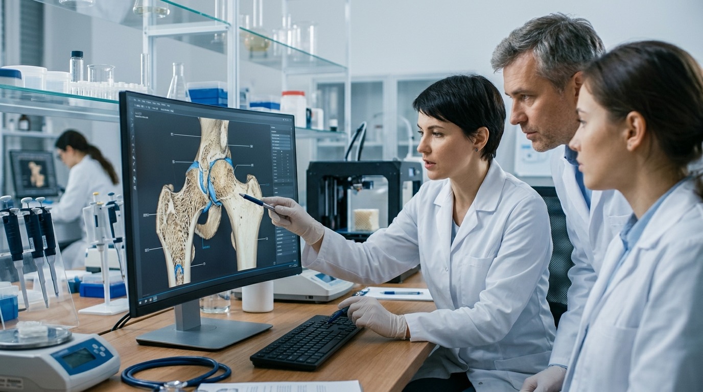 Исследователи анализируют трёхмерную модель костей на мониторе. Фото.