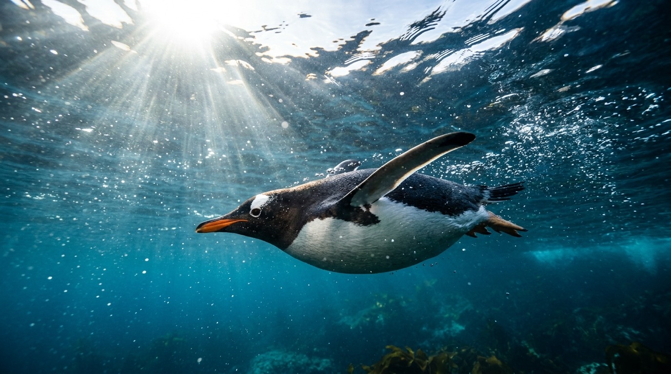 Пингвин «летит» под водой, используя ласты как крылья