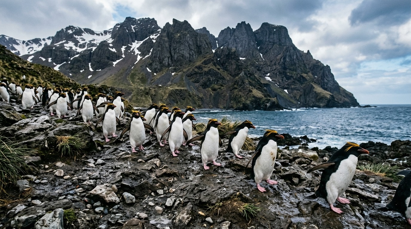 Золотоволосые пингвины шагают по каменистому склону к океану