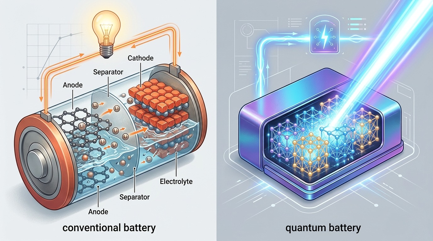 Сравнение принципа работы обычной и квантовой батареи